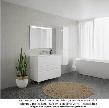 Vignette Ensemble meuble de salle de bain Oxford 90 cm blanc brillant, plan vasque marbre reconstitué,  3 tiroirs + colonne P. 35 cm x H. 153 cm  , miroir LED