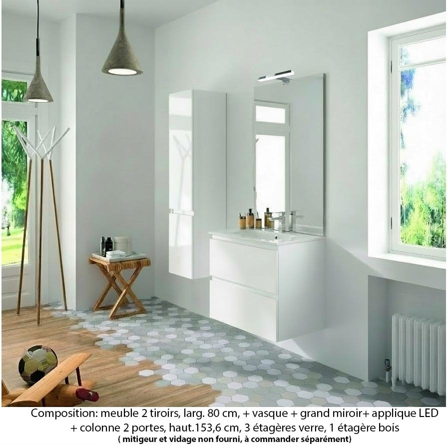 Ensemble meuble de salle de bain Oxford 80 cm blanc brillant, plan vasque marbre reconstitué, 2 tiroirs , miroir plan , applique , colonne (ch. à gauche)