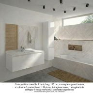 Ensemble meuble de salle de bain Oxford 120 cm blanc brillant, plan vasque marbre reconstitué, 1 tiroir , miroir plan , colonne P. 35 cm x H. 153 cm