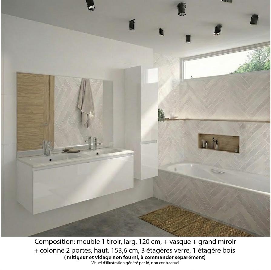 Ensemble meuble de salle de bain Oxford 120 cm blanc brillant, plan double vasque marbre reconstitué, 1 tiroir , miroir plan , colonne P. 35 cm x H. 153 cm