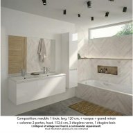 Ensemble meuble de salle de bain Oxford 120 cm blanc brillant, plan double vasque marbre reconstitué, 1 tiroir , miroir plan , colonne P. 35 cm x H. 153 cm