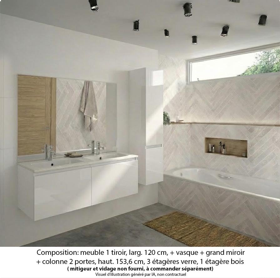 Ensemble meuble de salle de bain Oxford 140 cm blanc brillant, plan double double vasque marbre reconstitué, 2 tiroirs , miroir plan , colonne P. 35 cm x H. 153 cm