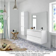 Ensemble meuble de salle de bain Oxford 120 cm blanc brillant, plan double vasque marbre reconstitué, 2 tiroirs , miroir plan , colonne P. 35 cm x H. 153 cm