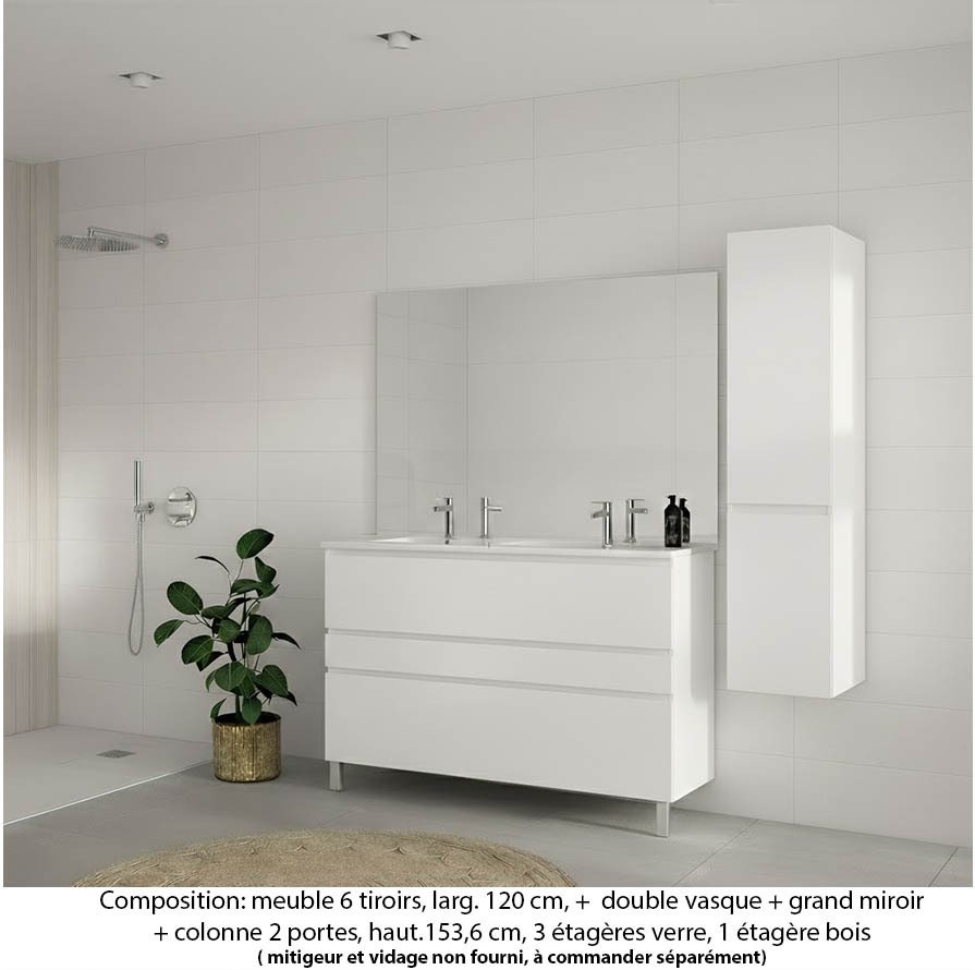 Ensemble meuble de salle de bain Oxford 120 cm blanc brillant, plan double vasque marbre reconstitué, 3 tiroirs , miroir plan , colonne P. 35 cm x H. 153 cm