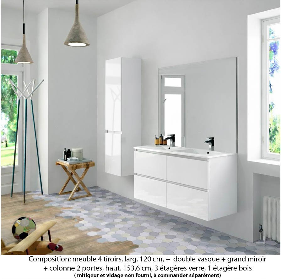 Ensemble meuble de salle de bain Oxford 140 cm blanc brillant, plan double double vasque marbre reconstitué, 4 tiroirs , miroir plan , colonne P. 35 cm x H. 153 cm