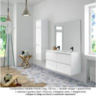 Ensemble meuble de salle de bain Oxford 140 cm blanc brillant, plan double double vasque marbre reconstitué, 4 tiroirs , miroir plan , colonne P. 35 cm x H. 153 cm