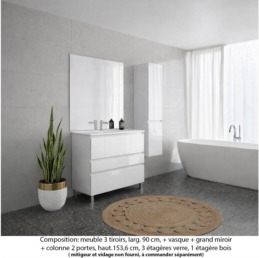 Ensemble meuble de salle de bain Oxford 90 cm blanc brillant, plan vasque marbre reconstitué, 3 tiroirs , miroir plan , colonne P. 35 cm x H. 153 cm