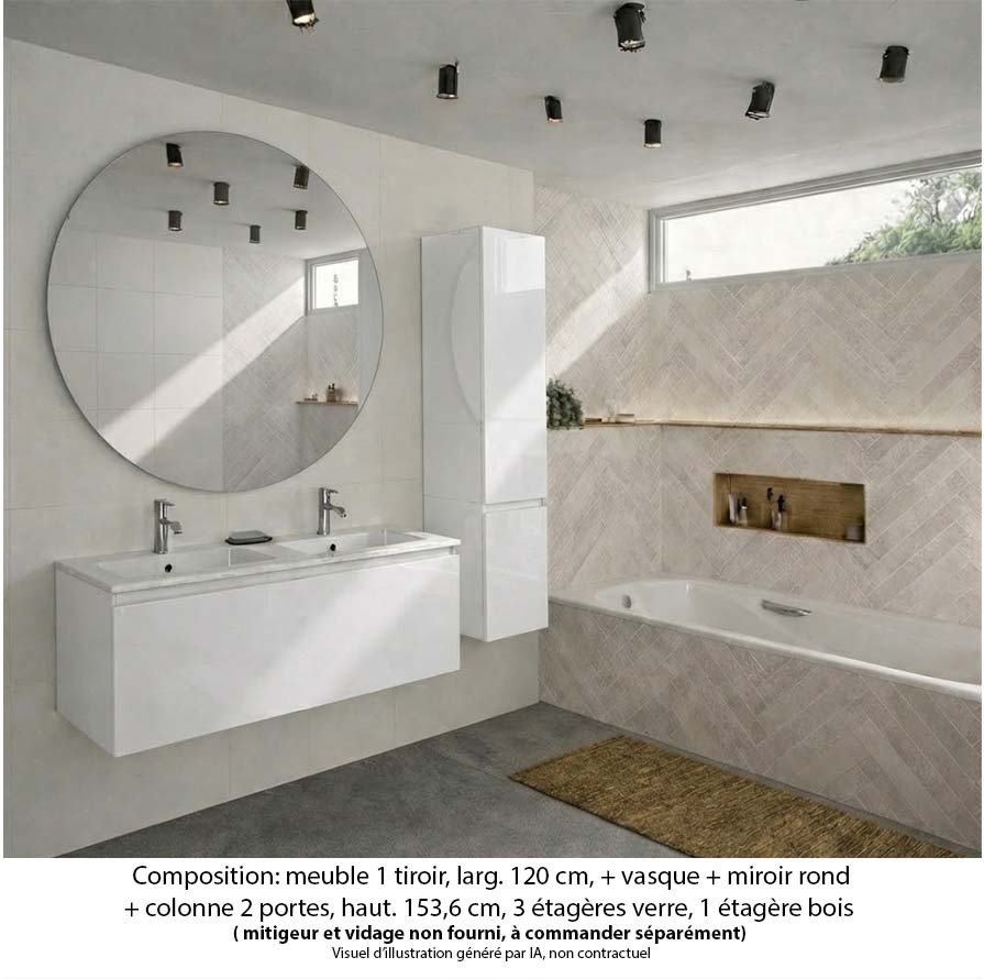 Ensemble meuble de salle de bain Oxford 120 cm blanc brillant, plan double vasque marbre reconstitué, 1 tiroir , miroir rond , colonne P. 35 cm x H. 153 cm