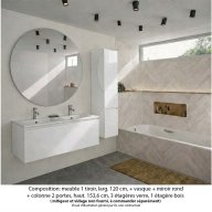Ensemble meuble de salle de bain Oxford 120 cm blanc brillant, plan double vasque marbre reconstitué, 1 tiroir , miroir rond , colonne P. 35 cm x H. 153 cm