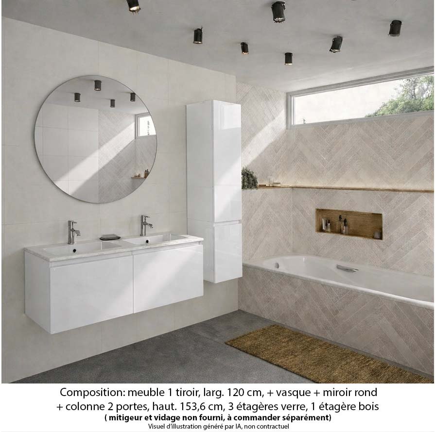 Ensemble meuble de salle de bain Oxford 140 cm blanc brillant, plan double double vasque marbre reconstitué, 2 tiroirs , miroir rond , colonne P. 35 cm x H. 153 cm