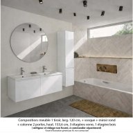 Ensemble meuble de salle de bain Oxford 120 cm blanc brillant, plan double vasque marbre reconstitué, 2 tiroirs , miroir rond , colonne P. 35 cm x H. 153 cm
