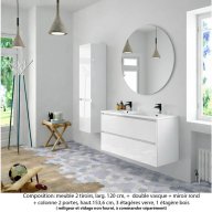 Ensemble meuble de salle de bain Oxford 120 cm blanc brillant, plan double vasque marbre reconstitué, 2 tiroirs , miroir rond , colonne P. 35 cm x H. 153 cm