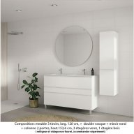 Ensemble meuble de salle de bain Oxford 120 cm blanc brillant, plan double vasque marbre reconstitué, 3 tiroirs , miroir rond , colonne P. 35 cm x H. 153 cm