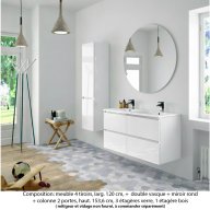 Ensemble meuble de salle de bain Oxford 140 cm blanc brillant, plan double double vasque marbre reconstitué, 4 tiroirs , miroir rond , colonne P. 35 cm x H. 153 cm