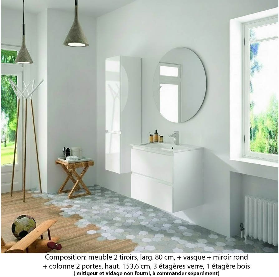 Ensemble meuble de salle de bain Oxford 80 cm blanc brillant, plan vasque marbre reconstitué, 2 tiroirs , miroir rond , colonne (ch. à droite)