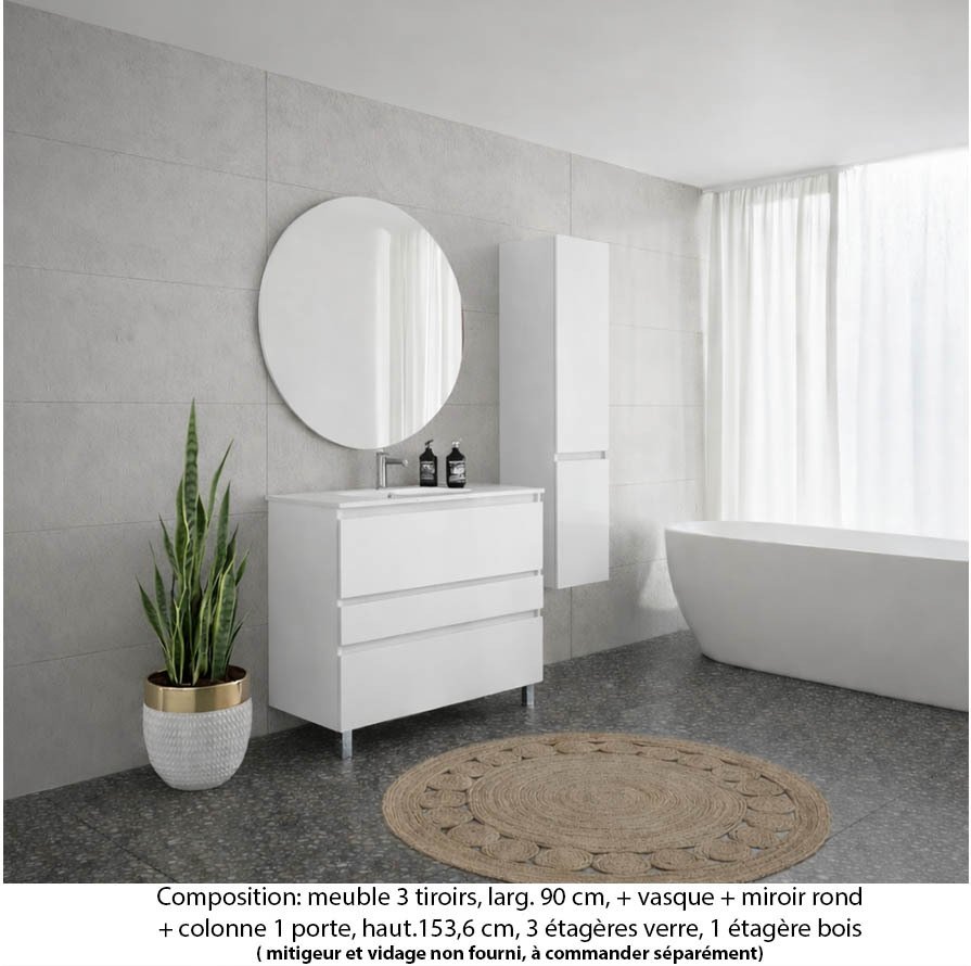 Ensemble meuble de salle de bain Oxford 90 cm blanc brillant, plan vasque marbre reconstitué, 3 tiroirs , miroir rond , colonne P. 35 cm x H. 153 cm