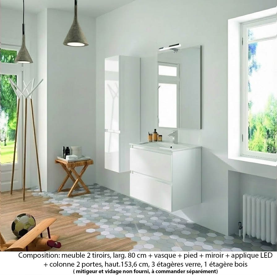 Ensemble meuble de salle de bain Oxford 80 cm blanc brillant, plan vasque marbre reconstitué, 2 tiroirs , miroir simple , applique , colonne (ch. à gauche)