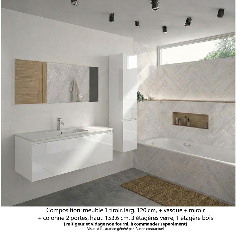 Ensemble meuble de salle de bain Oxford 120 cm blanc brillant, plan vasque marbre reconstitué, 1 tiroir , miroir simple , colonne P. 35 cm x H. 153 cm