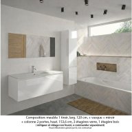 Ensemble meuble de salle de bain Oxford 120 cm blanc brillant, plan vasque marbre reconstitué, 1 tiroir , miroir simple , colonne P. 35 cm x H. 153 cm