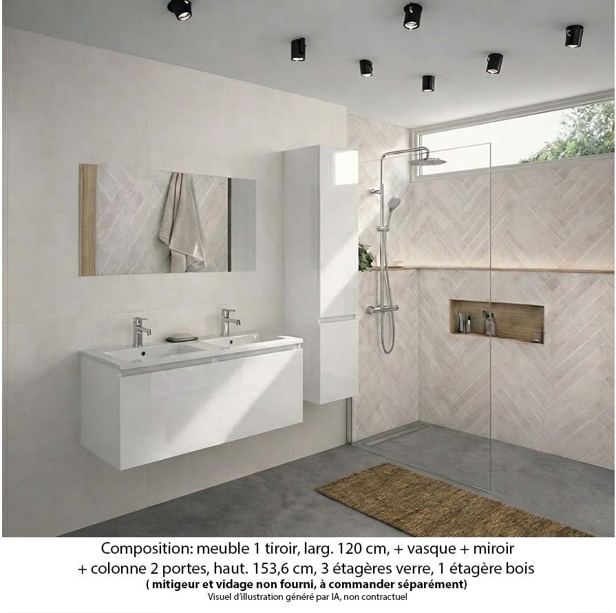 Ensemble meuble de salle de bain Oxford 120 cm blanc brillant, plan double vasque marbre reconstitué, 1 tiroir , miroir simple , colonne P. 35 cm x H. 153 cm