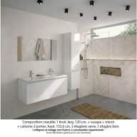 Ensemble meuble de salle de bain Oxford 120 cm blanc brillant, plan double vasque marbre reconstitué, 1 tiroir , miroir simple , colonne P. 35 cm x H. 153 cm