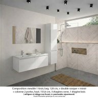 Ensemble meuble de salle de bain Oxford 120 cm blanc brillant, plan double vasque marbre reconstitué, 2 tiroirs , miroir simple , colonne P. 35 cm x H. 153 cm