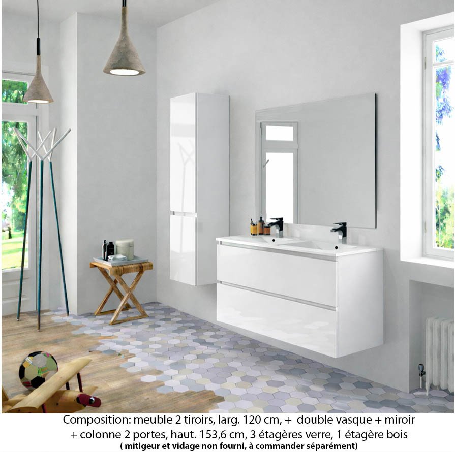 Ensemble meuble de salle de bain Oxford 80 cm blanc brillant, plan vasque marbre reconstitué, 2 tiroirs , miroir simple , colonne P. 35 cm x H. 153 cm