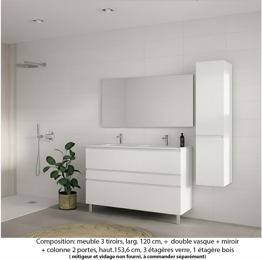 Ensemble meuble de salle de bain Oxford 120 cm blanc brillant, plan double vasque marbre reconstitué, 3 tiroirs , miroir simple , colonne P. 35 cm x H. 153 cm