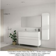 Ensemble meuble de salle de bain Oxford 120 cm blanc brillant, plan double vasque marbre reconstitué, 3 tiroirs , miroir simple , colonne P. 35 cm x H. 153 cm