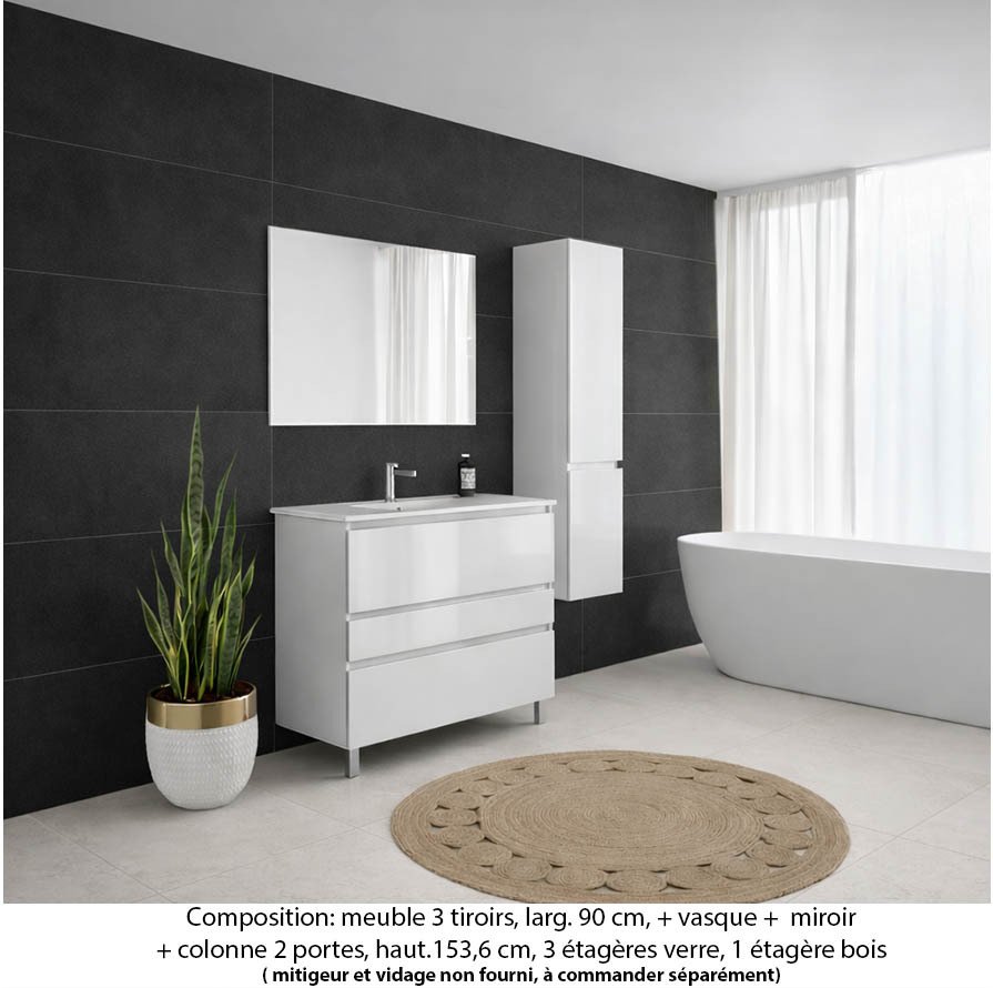 Ensemble meuble de salle de bain Oxford 90 cm blanc brillant, plan vasque marbre reconstitué, 3 tiroirs , miroir simple , colonne P. 35 cm x H. 153 cm