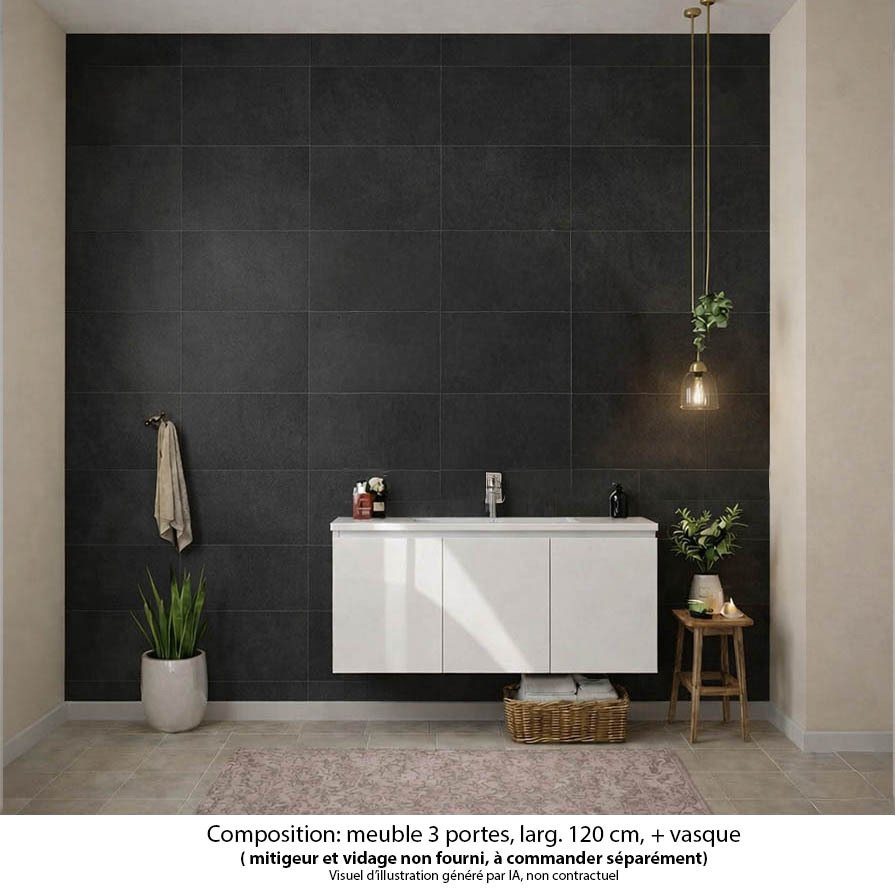 Ensemble meuble de salle de bain Oxford 120 cm blanc brillant, plan vasque céramique,  3 portes + colonne P. 17 cm x H. 104 cm