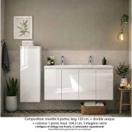 Ensemble meuble de salle de bain Oxford 120 cm blanc brillant, plan vasque marbre reconstitué, 4 portes +colonne P. 17 cm x H. 104 cm