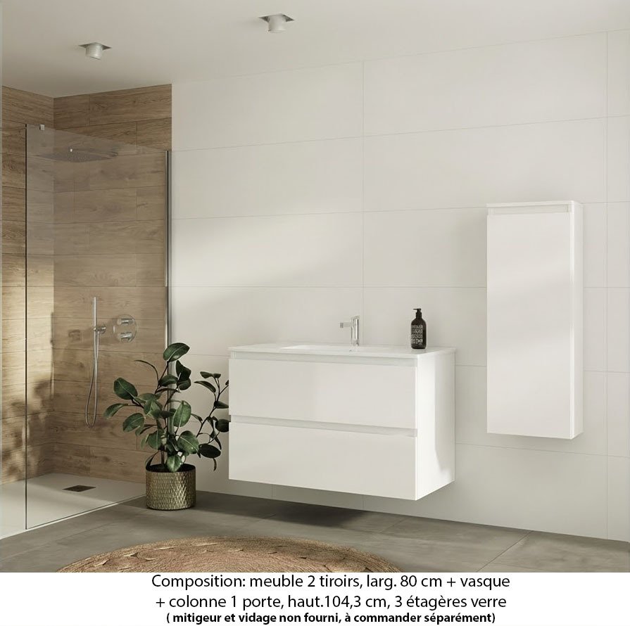 Ensemble meuble de salle de bain Oxford 100 cm blanc brillant, plan vasque marbre reconstitué,  2 tiroirs +colonne P. 17 cm x H. 104 cm