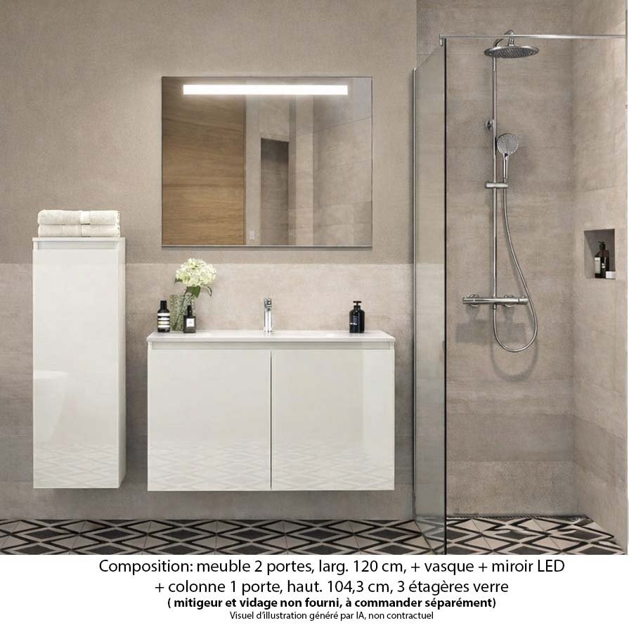 Ensemble meuble de salle de bain Oxford 60 cm blanc brillant, plan vasque marbre reconstitué,  2 portes +colonne P. 17 cm x H. 104 cm  , miroir LED