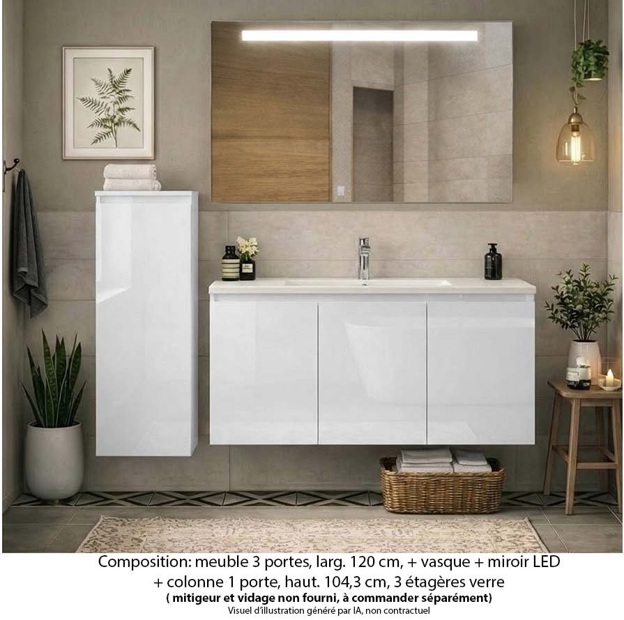 Ensemble meuble de salle de bain Oxford 120 cm blanc brillant, plan vasque céramique,  3 portes +colonne P. 17 cm x H. 104 cm  , miroir LED