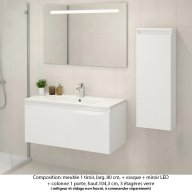 Ensemble meuble de salle de bain Oxford 80 cm blanc brillant, plan vasque marbre reconstitué, 1 tiroir + colonne P.17 cm x H. 104 cm , miroir LED