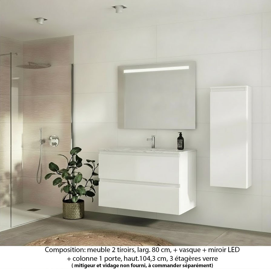 Ensemble meuble de salle de bain Oxford 100 cm blanc brillant, plan vasque marbre reconstitué,  2 tiroirs +colonne P. 17 cm x H. 104 cm  , miroir LED