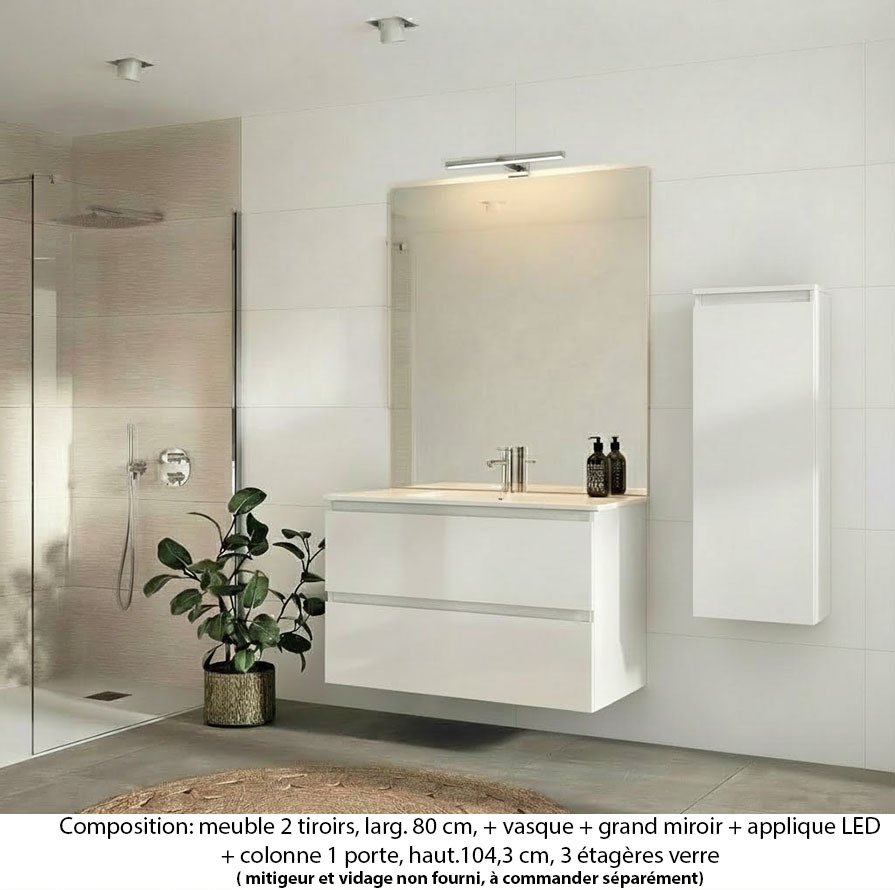 Ensemble meuble de salle de bain Oxford 100 cm blanc brillant, plan vasque marbre reconstitué, 2 tiroirs , miroir plan , applique , colonne P. 17 cm x H. 104 cm