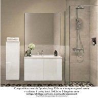 Ensemble meuble de salle de bain Oxford 100 cm blanc brillant, plan vasque marbre reconstitué, 2 portes , miroir plan , colonne P. 35 cm x H. 104 cm