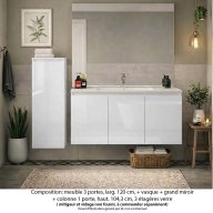 Ensemble meuble de salle de bain Oxford 120 cm blanc brillant, plan vasque céramique, 3 portes , miroir plan , colonne P. 35 cm x H. 104 cm