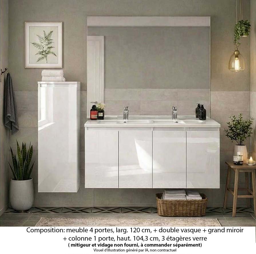 Ensemble meuble de salle de bain Oxford 120 cm blanc brillant, plan vasque marbre reconstitué, 4 portes , miroir plan , colonne P. 17 cm x H. 104 cm