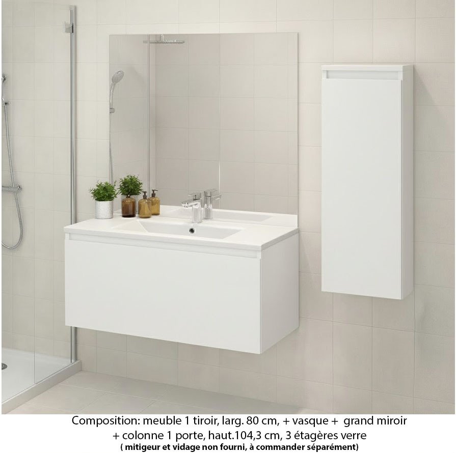 Ensemble meuble de salle de bain Oxford 60 cm blanc brillant, plan vasque marbre reconstitué, 1 tiroir , miroir plan , colonne P.17 cm x H. 104 cm