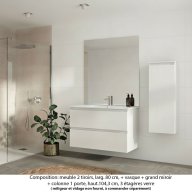 Ensemble meuble de salle de bain Oxford 100 cm blanc brillant, plan vasque marbre reconstitué, 2 tiroirs , miroir plan , colonne P. 17 cm x H. 104 cm