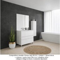 Ensemble meuble de salle de bain Oxford 90 cm blanc brillant, plan vasque marbre reconstitué, 3 tiroirs , miroir plan , colonne P.17 cm x H. 104 cm