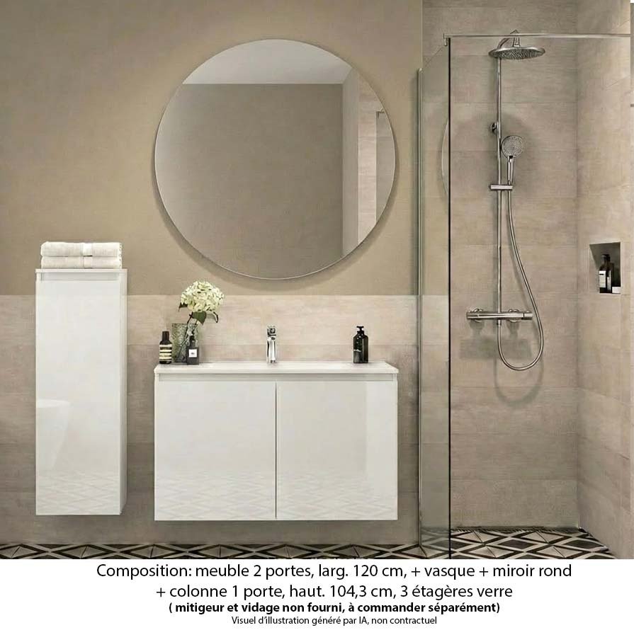 Ensemble meuble de salle de bain Oxford 60 cm blanc brillant, plan vasque marbre reconstitué, 2 portes , miroir rond , colonne P. 17 cm x H. 104 cm