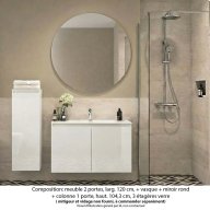 Ensemble meuble de salle de bain Oxford 100 cm blanc brillant, plan vasque marbre reconstitué, 2 portes , miroir rond , colonne P. 35 cm x H. 104 cm