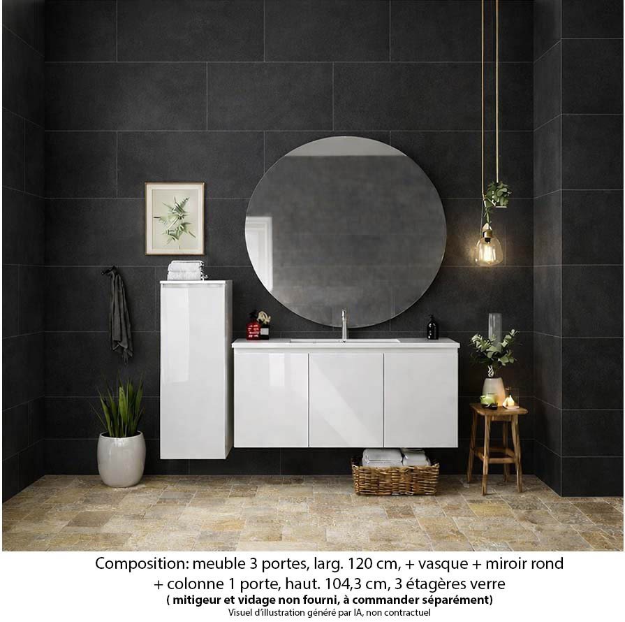 Ensemble meuble de salle de bain Oxford 120 cm blanc brillant, plan vasque céramique, 3 portes , miroir rond , colonne P. 17 cm x H. 104 cm