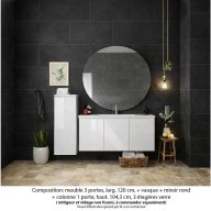 Ensemble meuble de salle de bain Oxford 120 cm blanc brillant, plan vasque céramique, 3 portes , miroir rond , colonne P. 35 cm x H. 104 cm