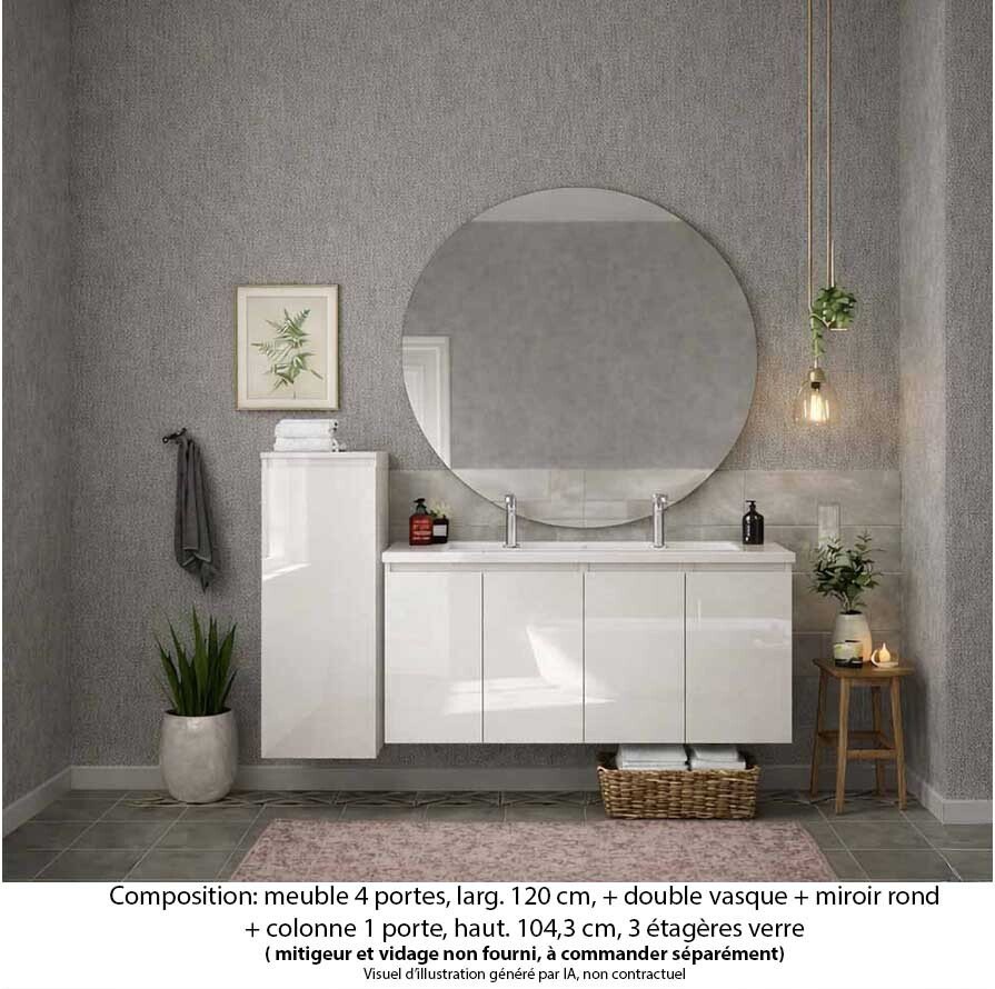 Ensemble meuble de salle de bain Oxford 120 cm blanc brillant, plan vasque marbre reconstitué, 4 portes , miroir rond , colonne P. 17 cm x H. 104 cm