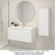 Ensemble meuble de salle de bain Oxford 80 cm blanc brillant, plan vasque marbre reconstitué, 1 tiroir , miroir rond , colonne P.17 cm x H. 104 cm